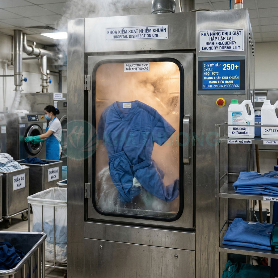 Bộ đồ bảo hộ y tế màu xanh đang được giặt khử khuẩn trong máy giặt công nghiệp bệnh viện