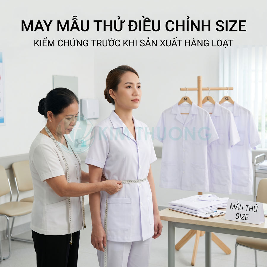 Đo size đồng phục y tá trắng trước khi may, nhiều mẫu áo treo phía sau