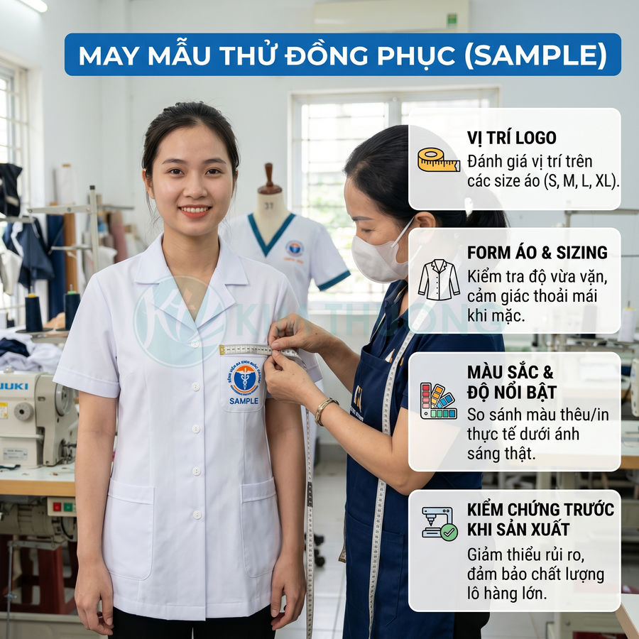 May đo thử áo đồng phục y tế trắng có logo thêu trên ngực trái trong xưởng may