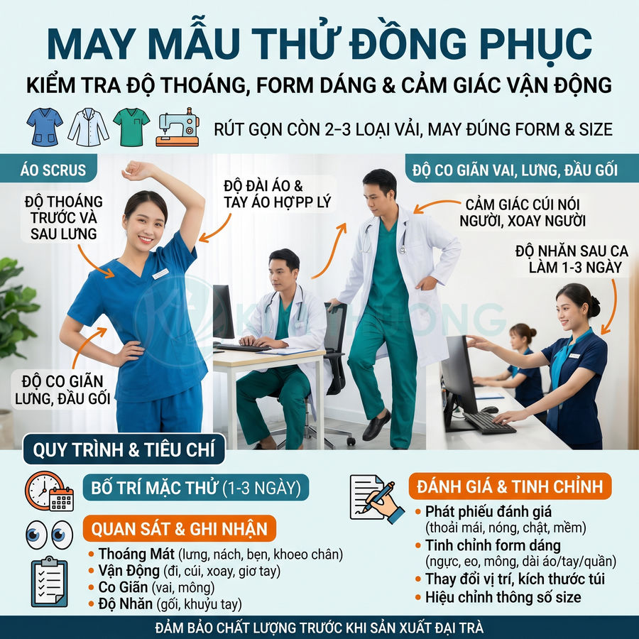 Nhân viên y tế mặc đồng phục scrubs xanh kiểm tra độ thoáng mát và co giãn khi làm việc văn phòng