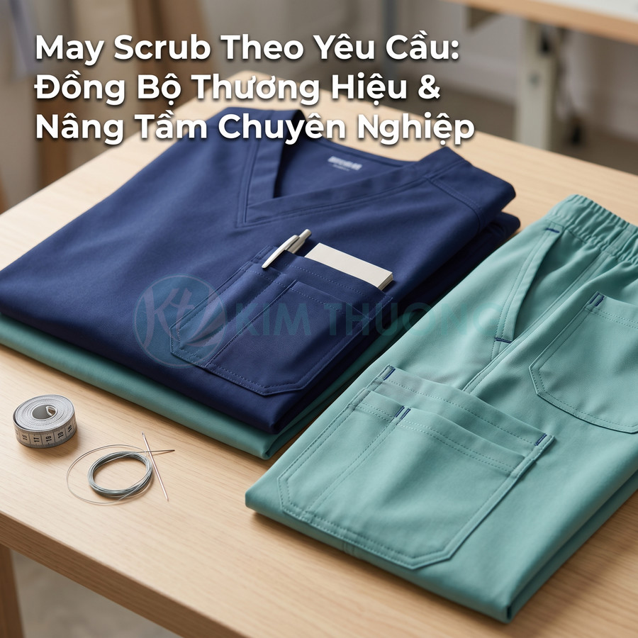 Đồng phục scrub y tế màu xanh navy và xanh mint gấp gọn trên bàn gỗ kèm thước dây và dụng cụ may