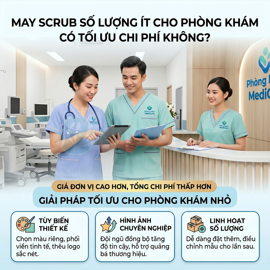 Đồng phục scrub y tế cho phòng khám nhỏ với thiết kế tùy biến, hình ảnh chuyên nghiệp và linh hoạt số lượng
