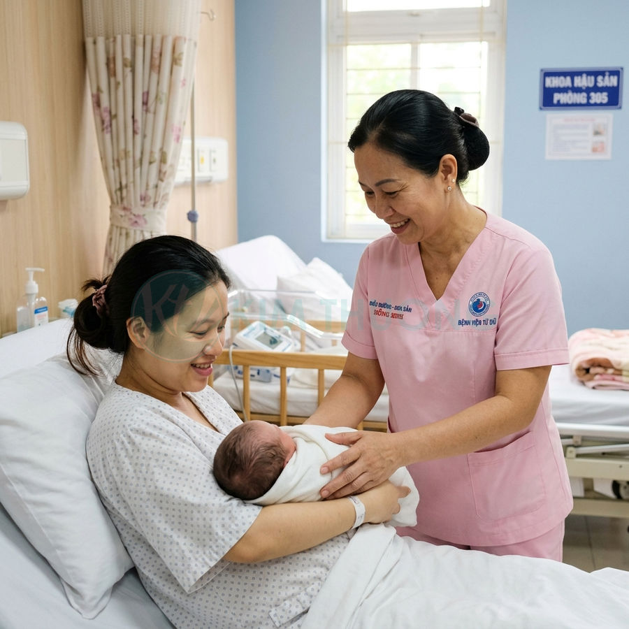 Mẹ sau sinh bế em bé sơ sinh trên giường bệnh, nữ hộ sinh mặc đồng phục hồng hỗ trợ chăm sóc