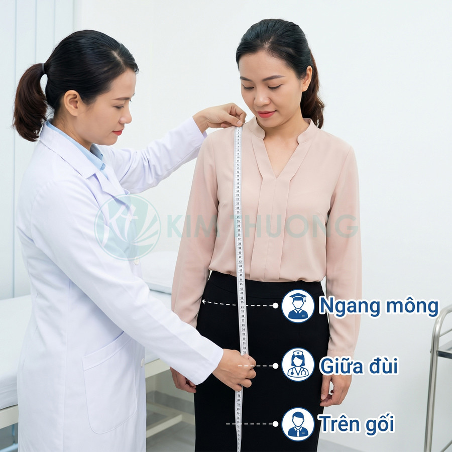 Nhân viên y tế dùng thước dây hướng dẫn đo ngang mông, giữa đùi và trên gối cho phụ nữ