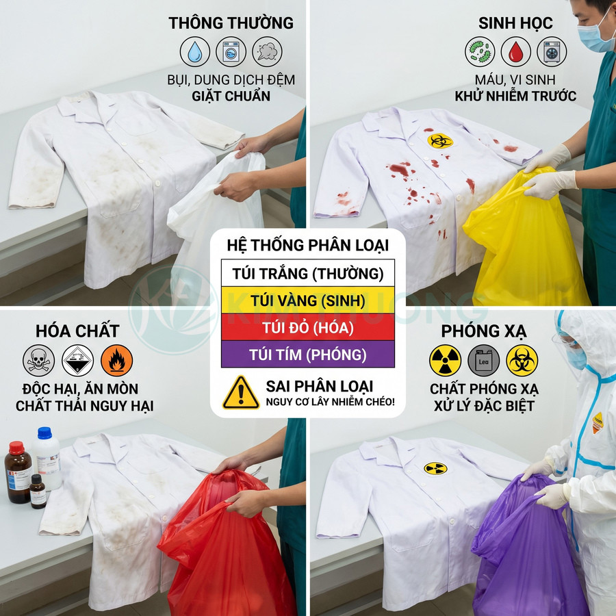 Hệ thống phân loại túi rác y tế trắng vàng đỏ tím theo loại quần áo và chất thải bệnh viện