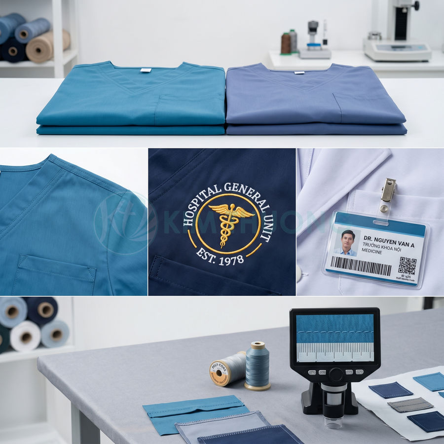Đồng phục y tá bác sĩ màu xanh, thêu logo bệnh viện và thẻ tên, kèm phụ kiện may đo chuyên nghiệp