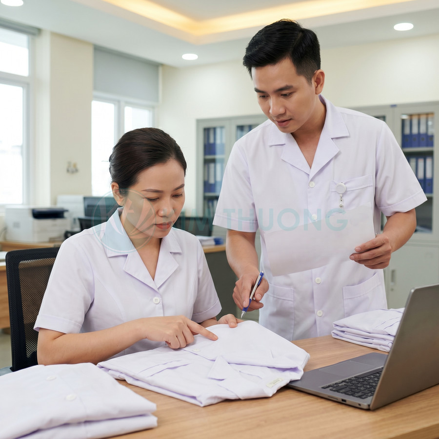 Nhân viên y tế kiểm tra và gấp áo blouse trắng đồng phục bệnh viện trên bàn làm việc