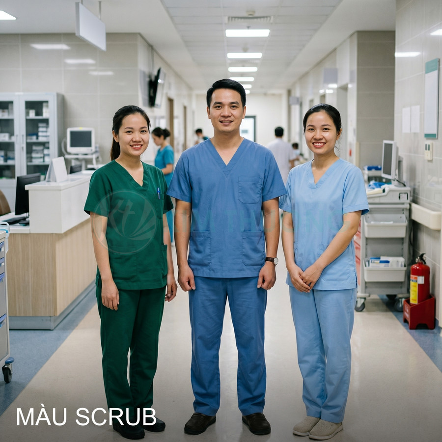 Bộ đồ scrub y tá bác sĩ màu xanh lá và xanh dương trong hành lang bệnh viện
