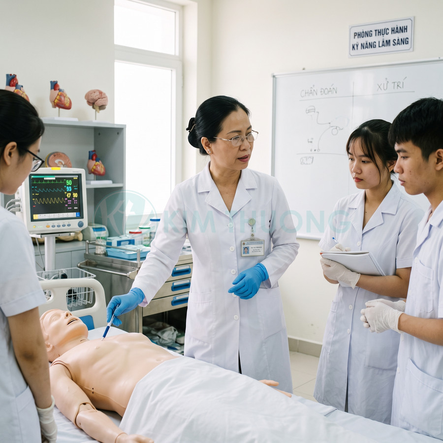 Giảng viên y khoa hướng dẫn sinh viên thực hành trên mô hình bệnh nhân giả trong phòng kỹ năng lâm sàng