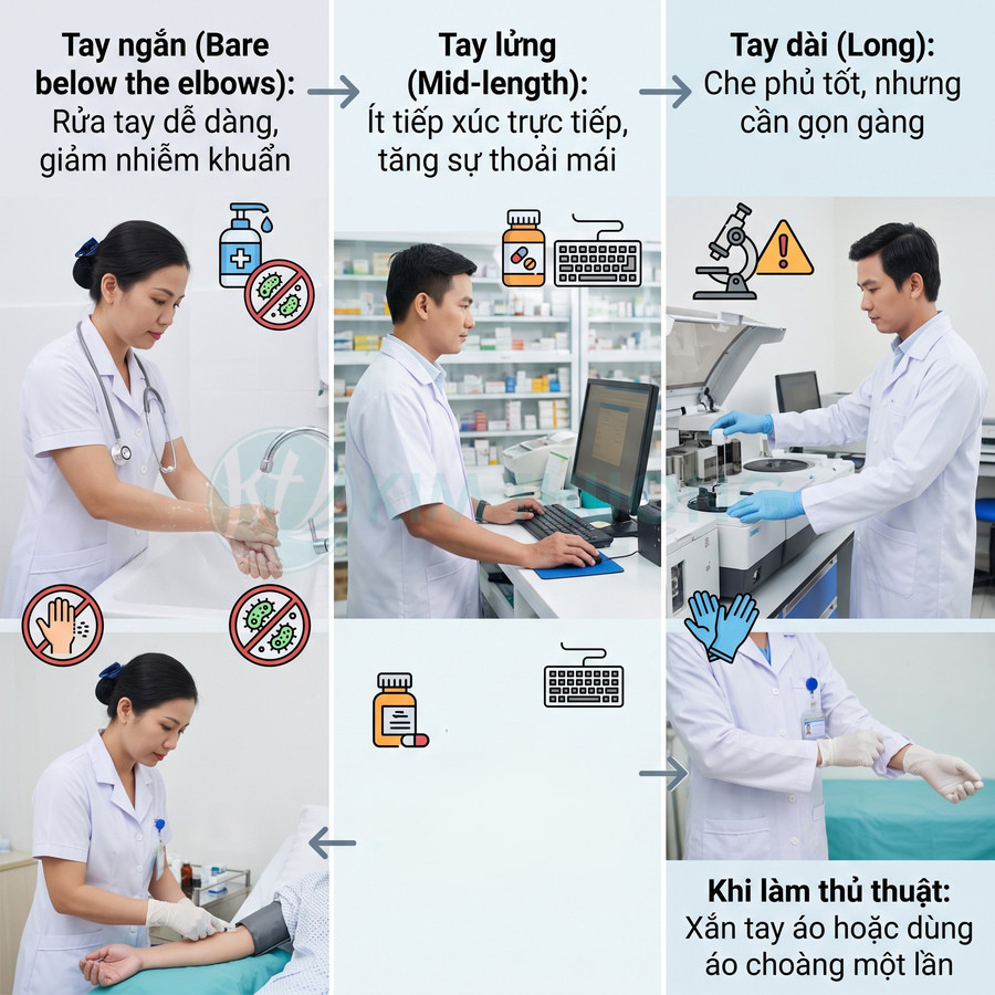 Áo blouse y tế tay ngắn, tay lửng và tay dài, minh họa cách chọn tay áo khi rửa tay và làm thủ thuật.