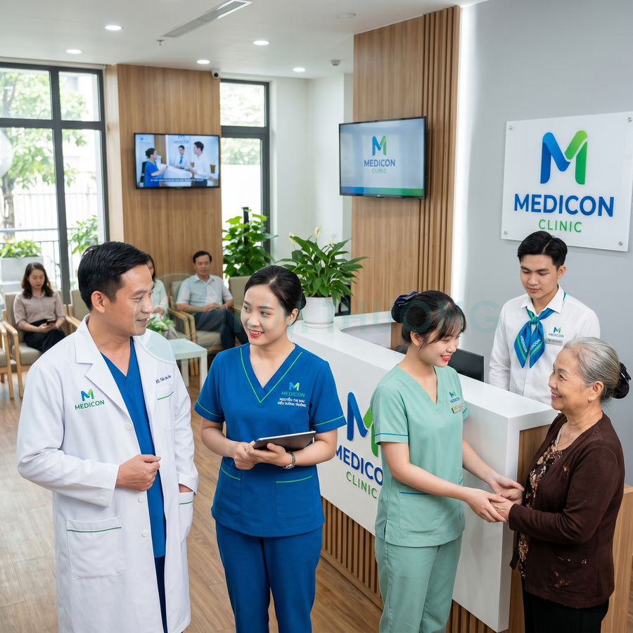 Đội ngũ bác sĩ và nhân viên Medicon Clinic tư vấn, chăm sóc bệnh nhân lớn tuổi tại quầy tiếp đón