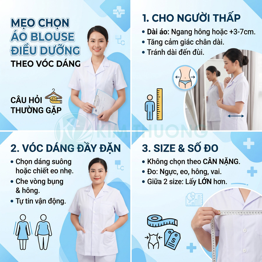 Hướng dẫn chọn áo blouse điều dưỡng nữ theo vóc dáng và size, mẫu áo trắng tay ngắn cho nhân viên y tế