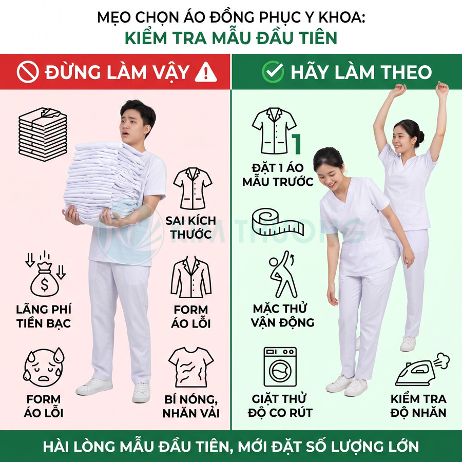 Đồng phục y tá màu trắng, người mẫu mặc thử và vận động để kiểm tra form dáng và độ thoải mái