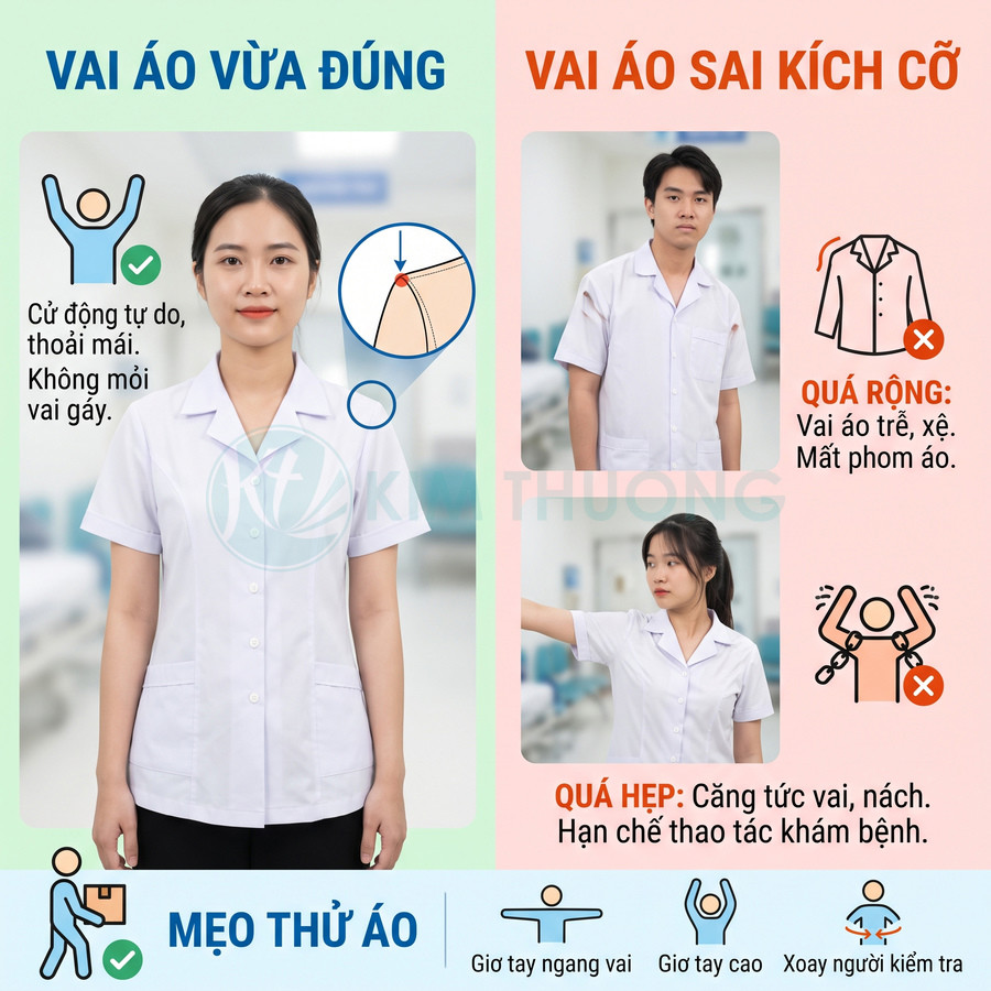 So sánh áo blouse y tế vừa vặn và sai kích cỡ, hướng dẫn chọn vai áo đúng cho nhân viên y tế