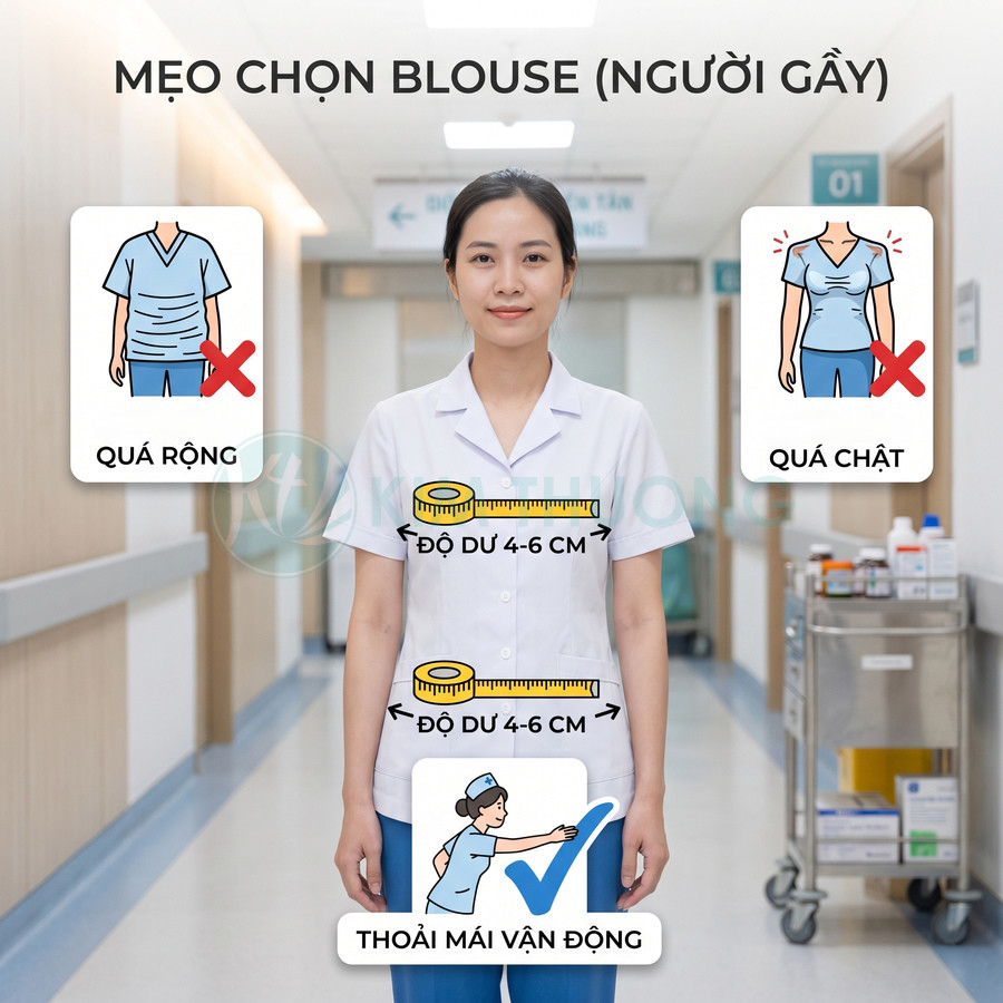 Nữ nhân viên y tế mặc áo blouse trắng vừa vặn, hướng dẫn chọn size áo thoải mái vận động