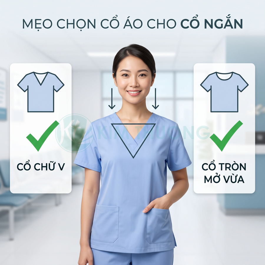 Đồng phục y tá màu xanh cổ chữ V gợi ý chọn cổ áo chữ V hoặc cổ tròn mở vừa cho người cổ ngắn