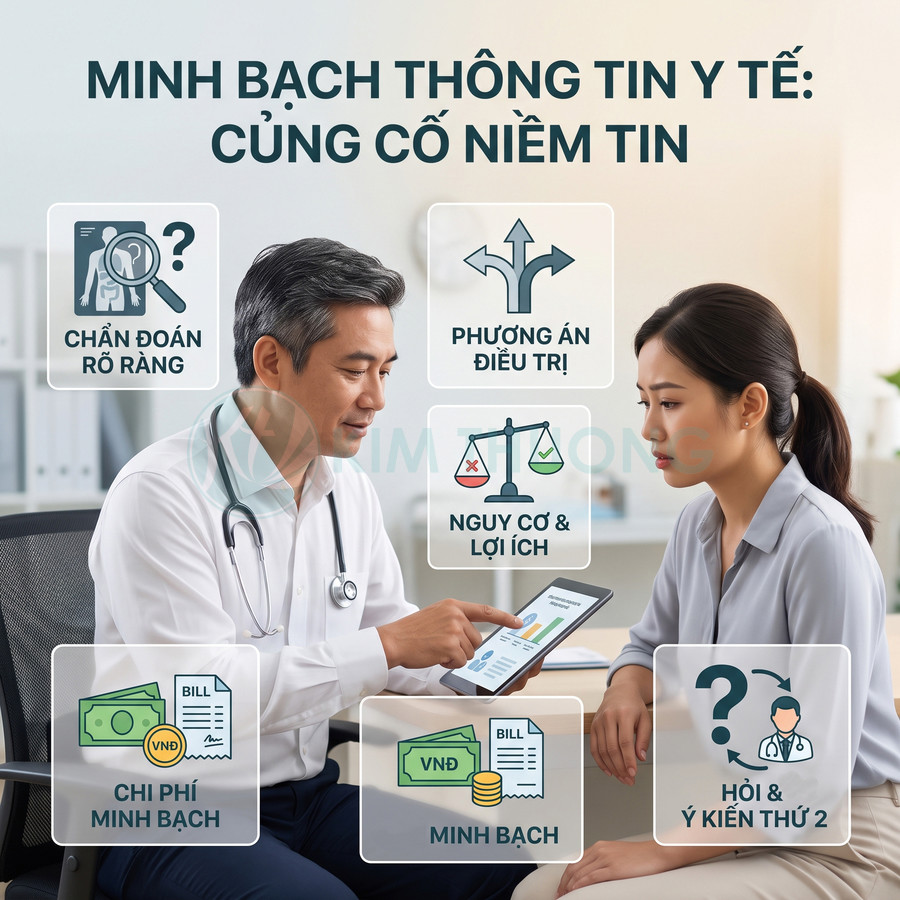 Bác sĩ tư vấn cho bệnh nhân nữ về chẩn đoán, chi phí và phương án điều trị y tế minh bạch