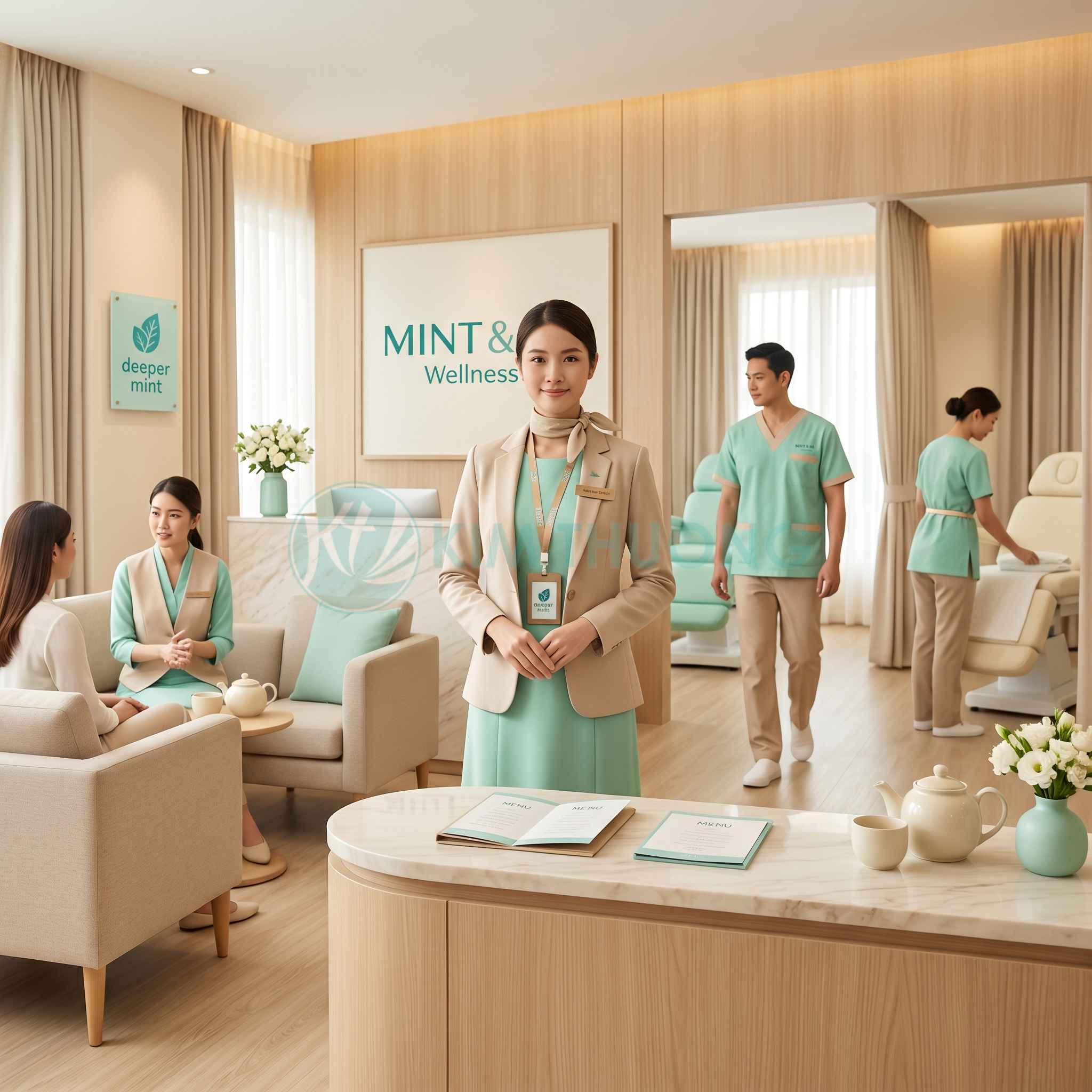 Lễ tân spa Mint Wellness đón khách trong không gian chăm sóc sức khỏe sang trọng, nhân viên mặc đồng phục xanh be