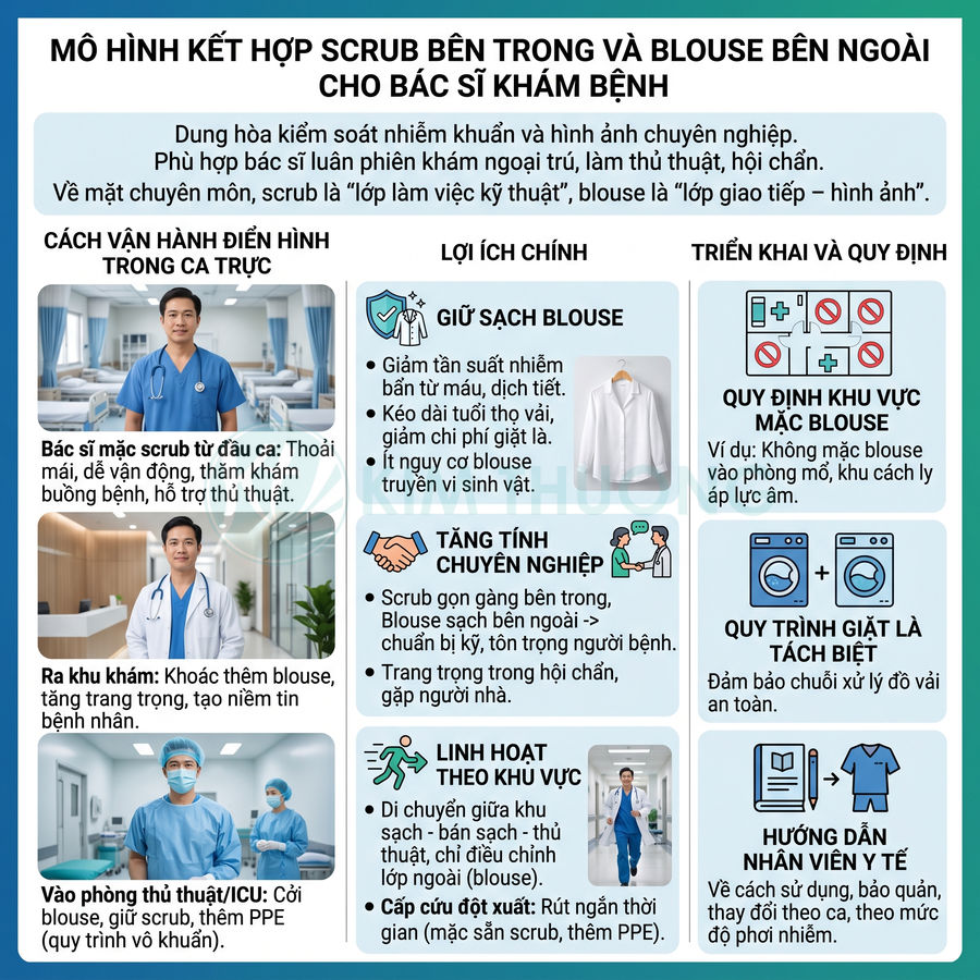 Infographic mô tả mô hình bác sĩ mặc scrub bên trong và blouse bên ngoài để khám bệnh, lợi ích và quy định sử dụng