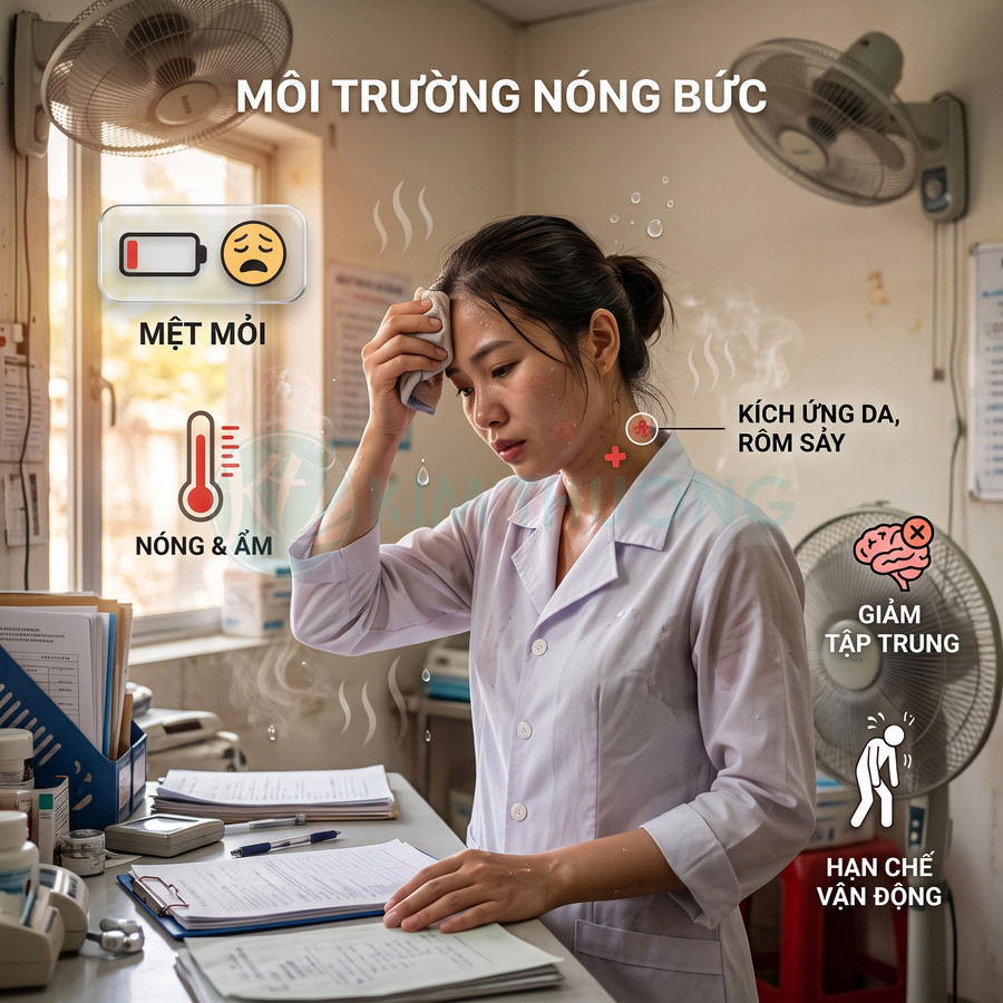 Nhân viên y tế mệt mỏi lau mồ hôi trong phòng làm việc nóng bức với quạt điện phía sau