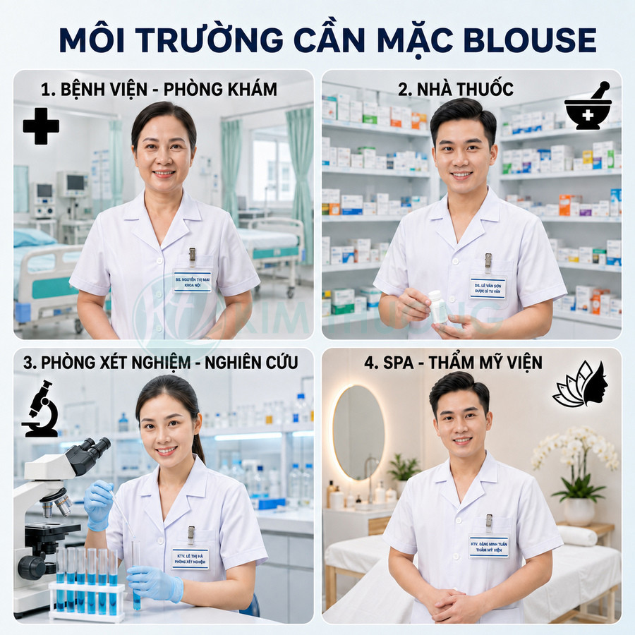Nhân viên y tế mặc áo blouse trắng làm việc tại bệnh viện, nhà thuốc, phòng xét nghiệm và spa thẩm mỹ