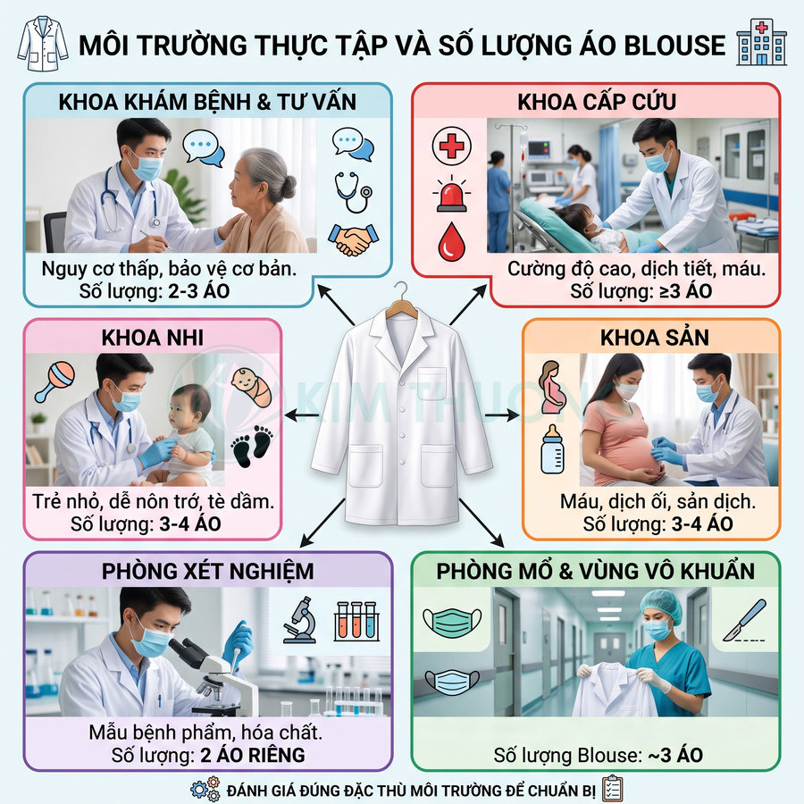 Infographic môi trường thực tập bệnh viện và số lượng áo blouse trắng cần chuẩn bị cho từng khoa