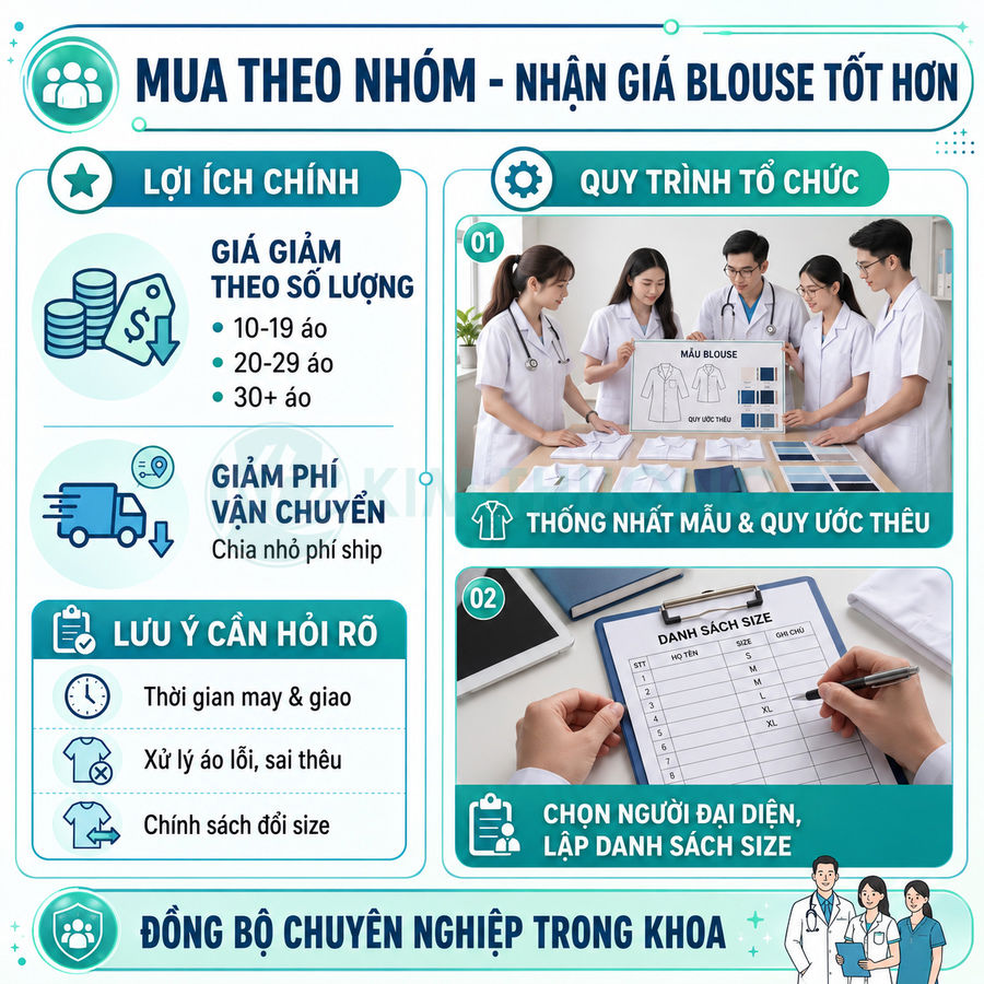 Nhóm bác sĩ y tá chọn mẫu áo blouse trắng và lập danh sách size để đặt may đồng phục số lượng lớn