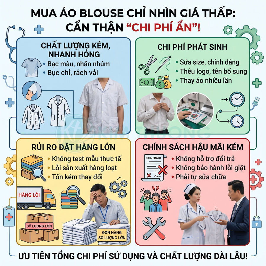 Infographic cảnh báo rủi ro mua áo blouse giá rẻ, nhấn mạnh chất lượng kém và chi phí phát sinh khi đặt số lượng lớn