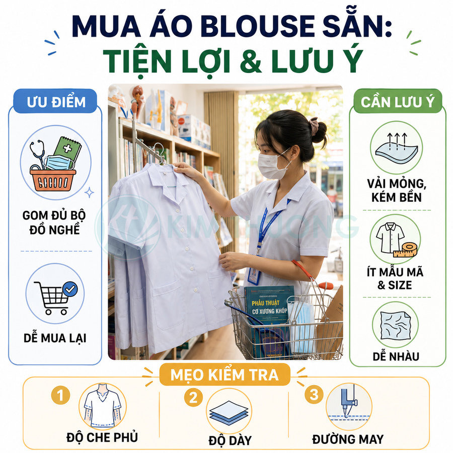 Nữ nhân viên y tế đeo khẩu trang chọn mua áo blouse trắng sẵn trên kệ trong cửa hàng dụng cụ y khoa