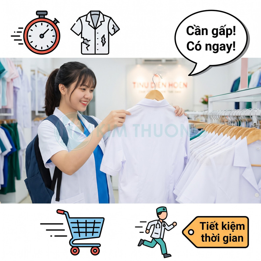 Nữ sinh chọn áo sơ mi đồng phục trắng tay ngắn trên móc trong cửa hàng quần áo પ્રતિ