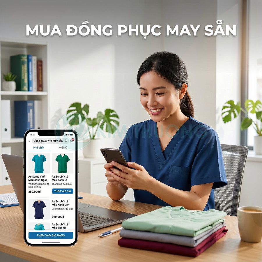 Nhân viên y tế mua đồng phục y khoa may sẵn trên điện thoại, cạnh chồng áo scrub nhiều màu trên bàn