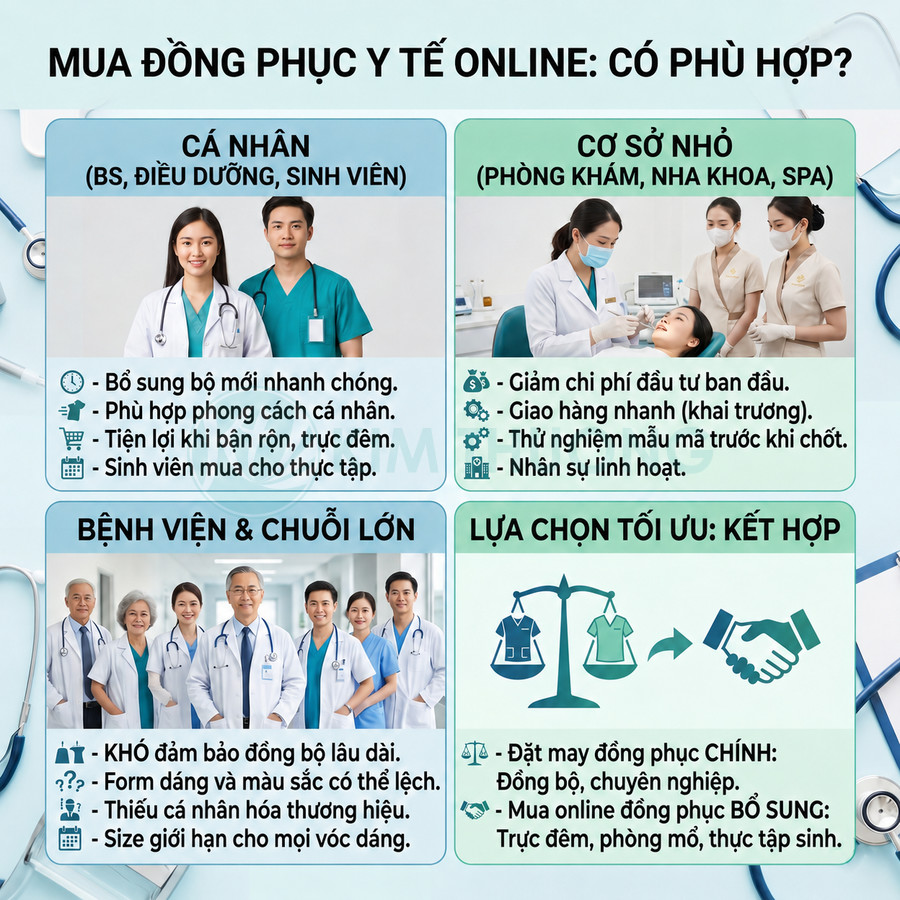 Infographic tư vấn mua đồng phục y tế online cho cá nhân, cơ sở nhỏ, bệnh viện và gợi ý kết hợp đặt may, mua sẵn