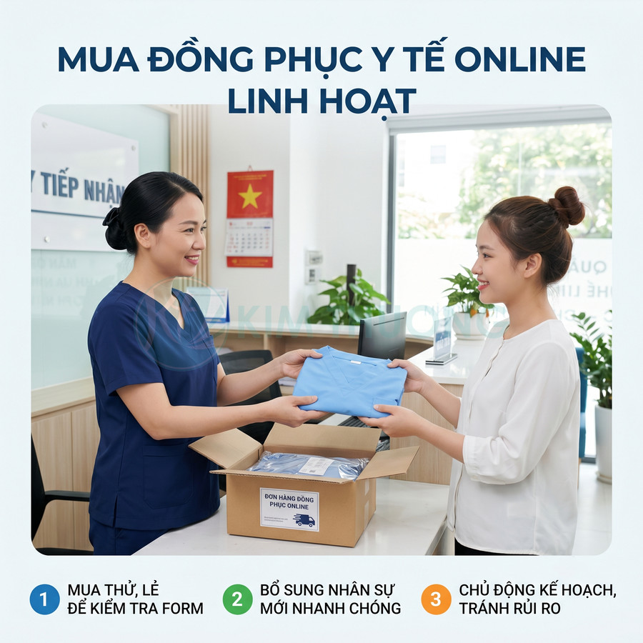 Nhân viên y tế nhận đồng phục y tế màu xanh từ thùng hàng giao online tại quầy tiếp nhận