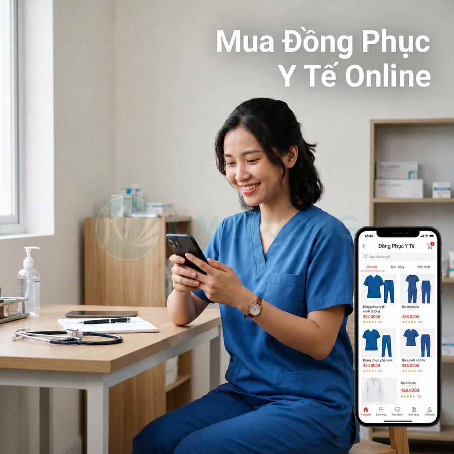 Nhân viên y tế mặc scrubs xanh ngồi đặt mua đồng phục y tế online trên điện thoại thông minh