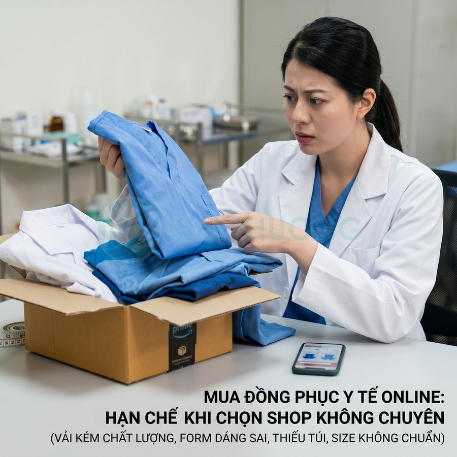 Nữ bác sĩ thất vọng kiểm tra bộ đồng phục y tế màu xanh kém chất lượng vừa nhận từ đơn hàng online