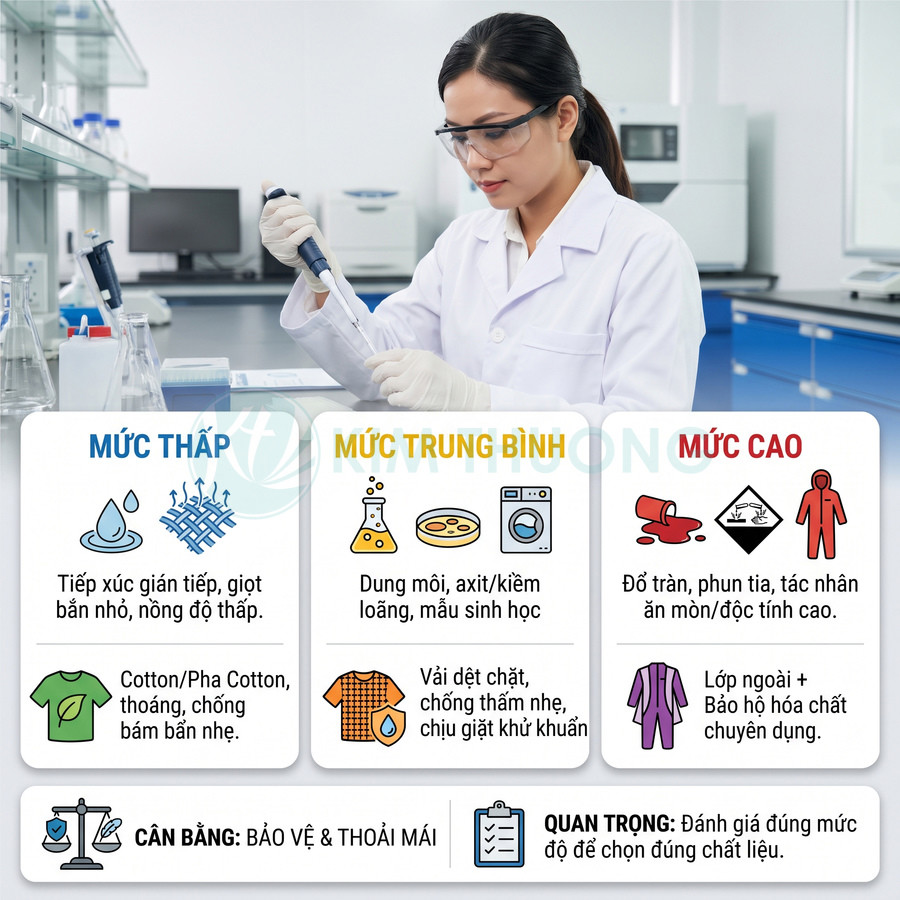 Hướng dẫn chọn quần áo bảo hộ từ vải cotton đến đồ chuyên dụng theo mức độ tiếp xúc hóa chất trong phòng thí nghiệm