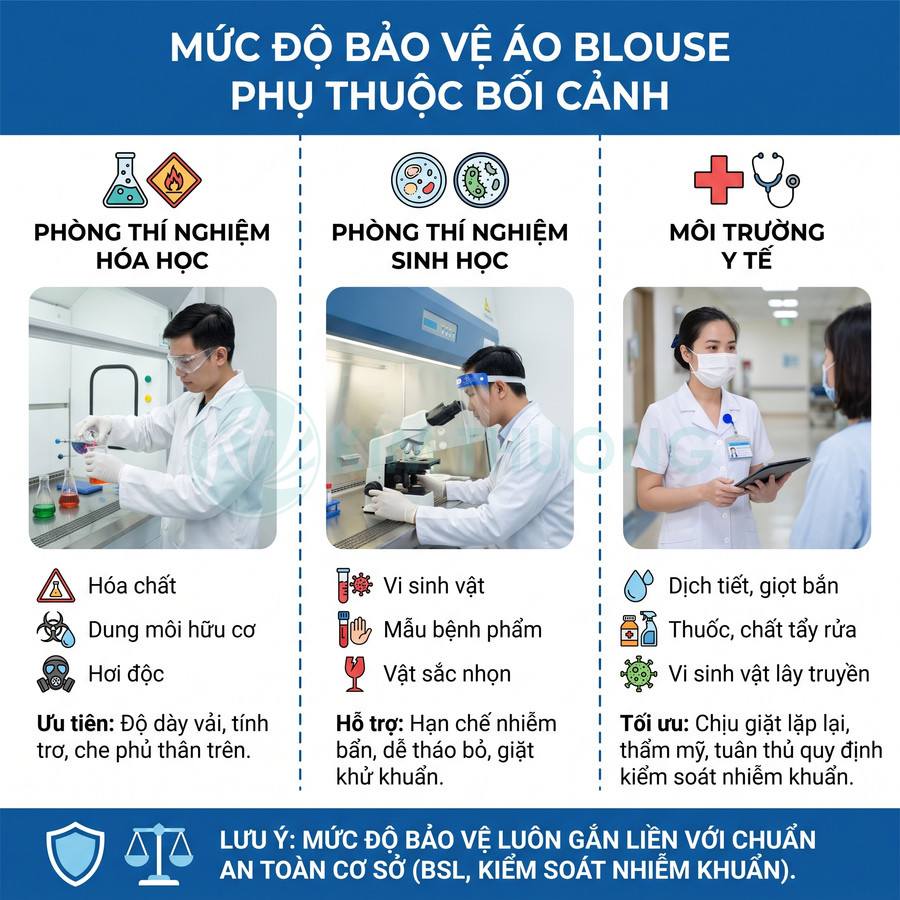 Áo blouse bảo hộ cho phòng thí nghiệm hóa học, sinh học và môi trường y tế với mức bảo vệ tùy bối cảnh