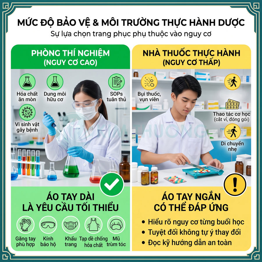 So sánh trang phục bảo hộ áo blouse tay dài trong phòng thí nghiệm và áo tay ngắn tại nhà thuốc thực hành dược
