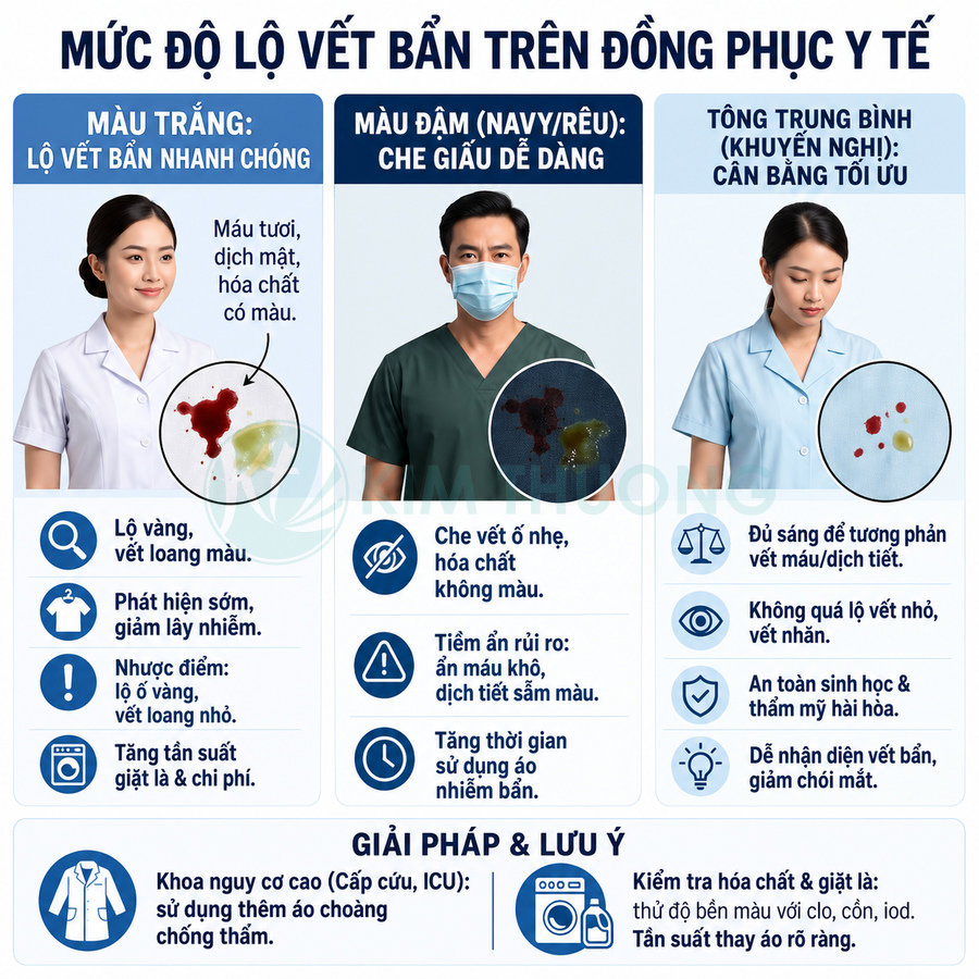 So sánh mức độ lộ vết bẩn trên đồng phục y tế màu trắng, màu đậm và màu trung bình
