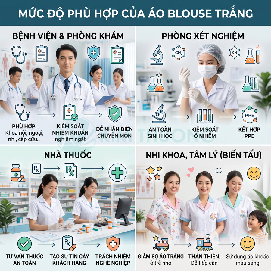 Các loại áo blouse trắng và áo blouse họa tiết cho bác sĩ, dược sĩ, nhân viên y tế trong bệnh viện và phòng khám