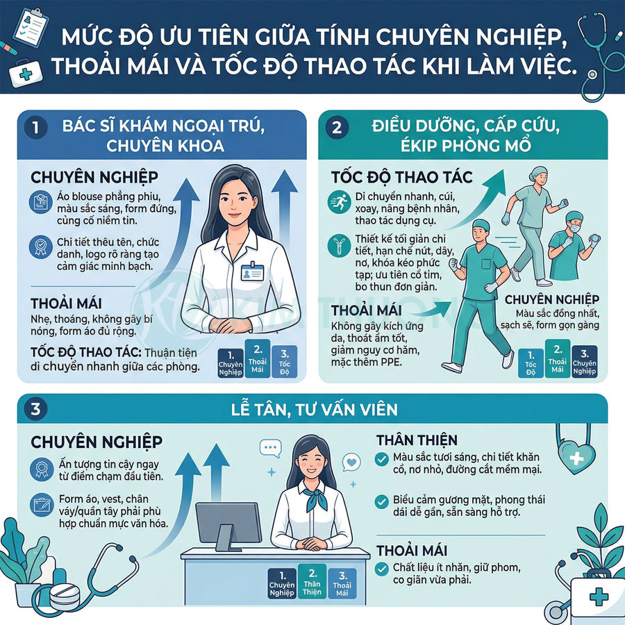 Infographic ưu tiên tính chuyên nghiệp, thoải mái và tốc độ thao tác cho bác sĩ, điều dưỡng và lễ tân trong bệnh viện