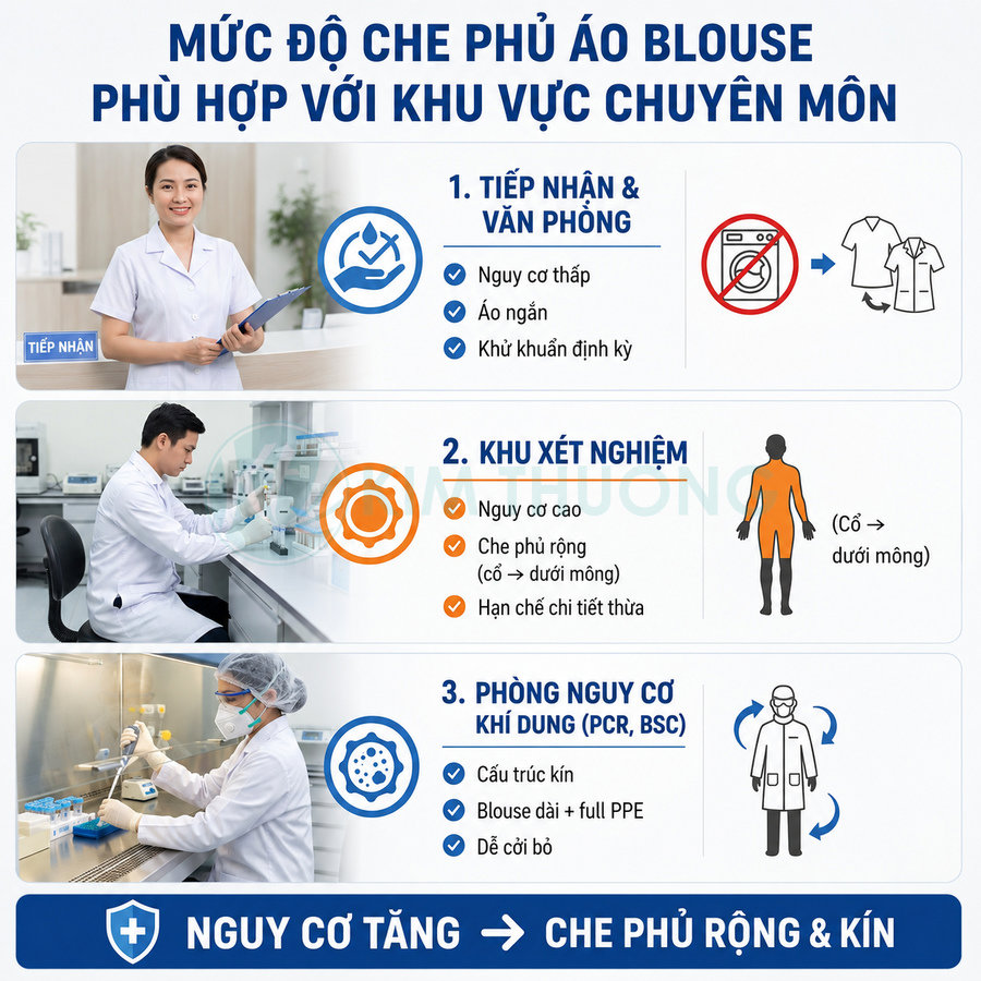 Hướng dẫn chọn áo blouse cho tiếp nhận, khu xét nghiệm và phòng nguy cơ khí dung trong bệnh viện