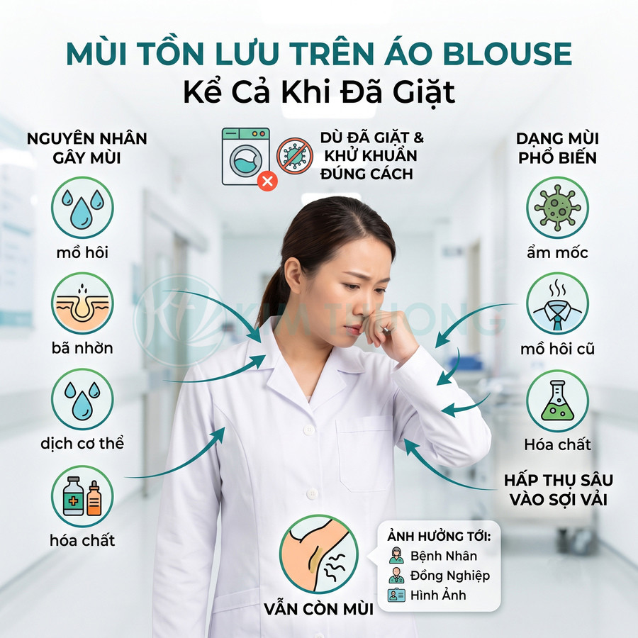 Bác sĩ nữ mặc áo blouse trắng khó chịu vì mùi hôi tồn lưu trên áo dù đã giặt và khử khuẩn