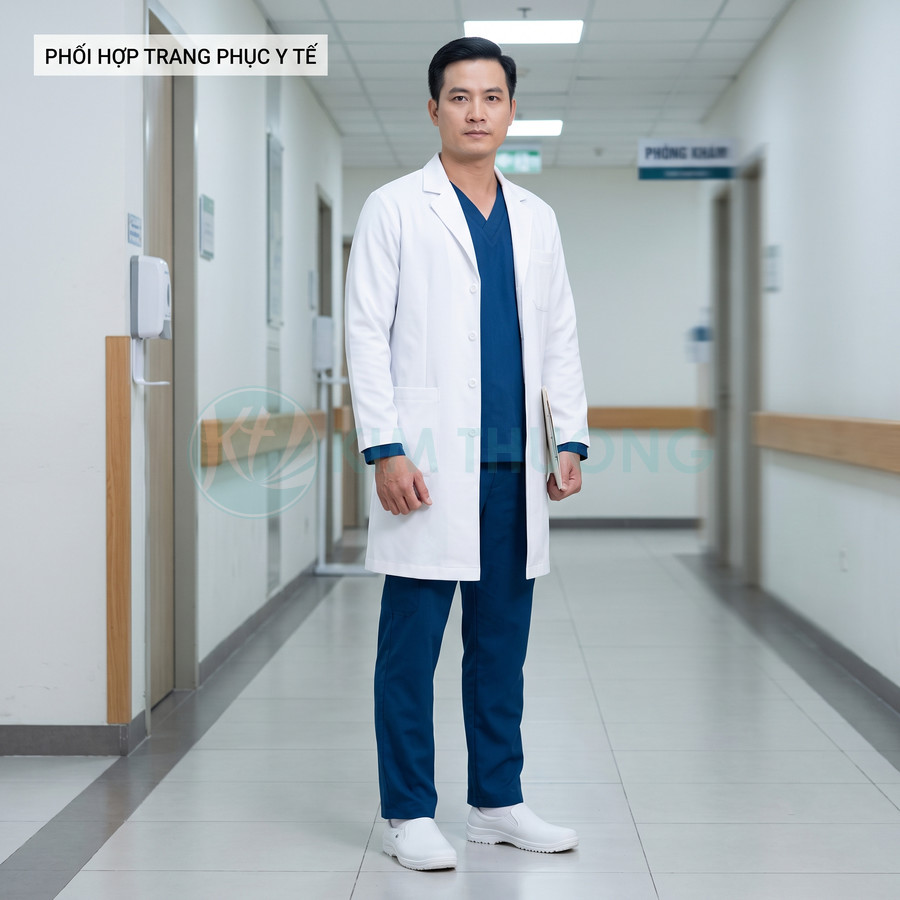Bác sĩ nam mặc áo blouse trắng, đồ scrubs xanh và giày y tế trắng đứng trong hành lang bệnh viện