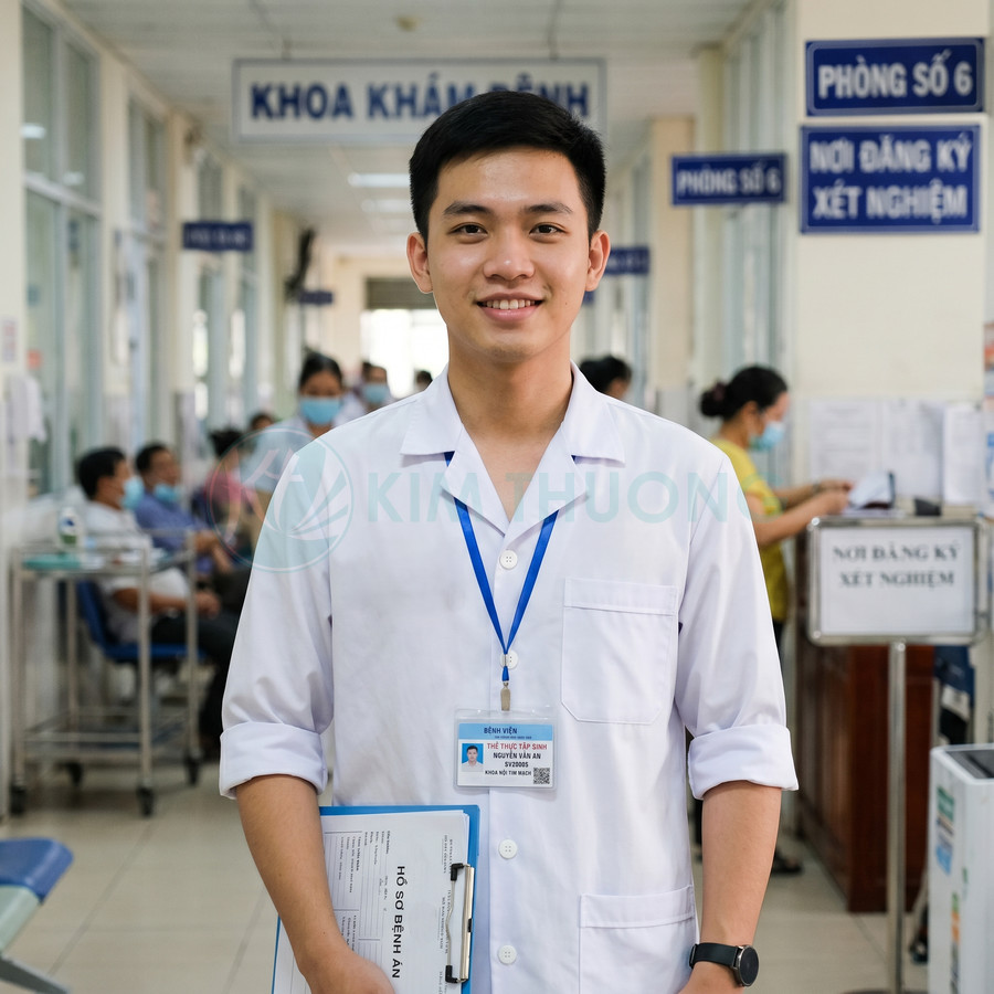 Bác sĩ nam trẻ mặc áo blouse trắng cầm hồ sơ bệnh án đứng tại khoa khám bệnh bệnh viện