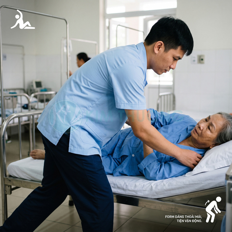 Điều dưỡng mặc đồng phục y tế màu xanh hỗ trợ bệnh nhân lớn tuổi nằm trên giường bệnh