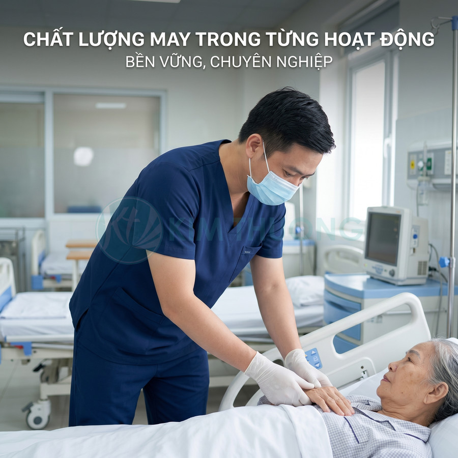 Đồng phục y tá màu xanh đậm chất lượng cao, bác sĩ chăm sóc bệnh nhân lớn tuổi trên giường bệnh
