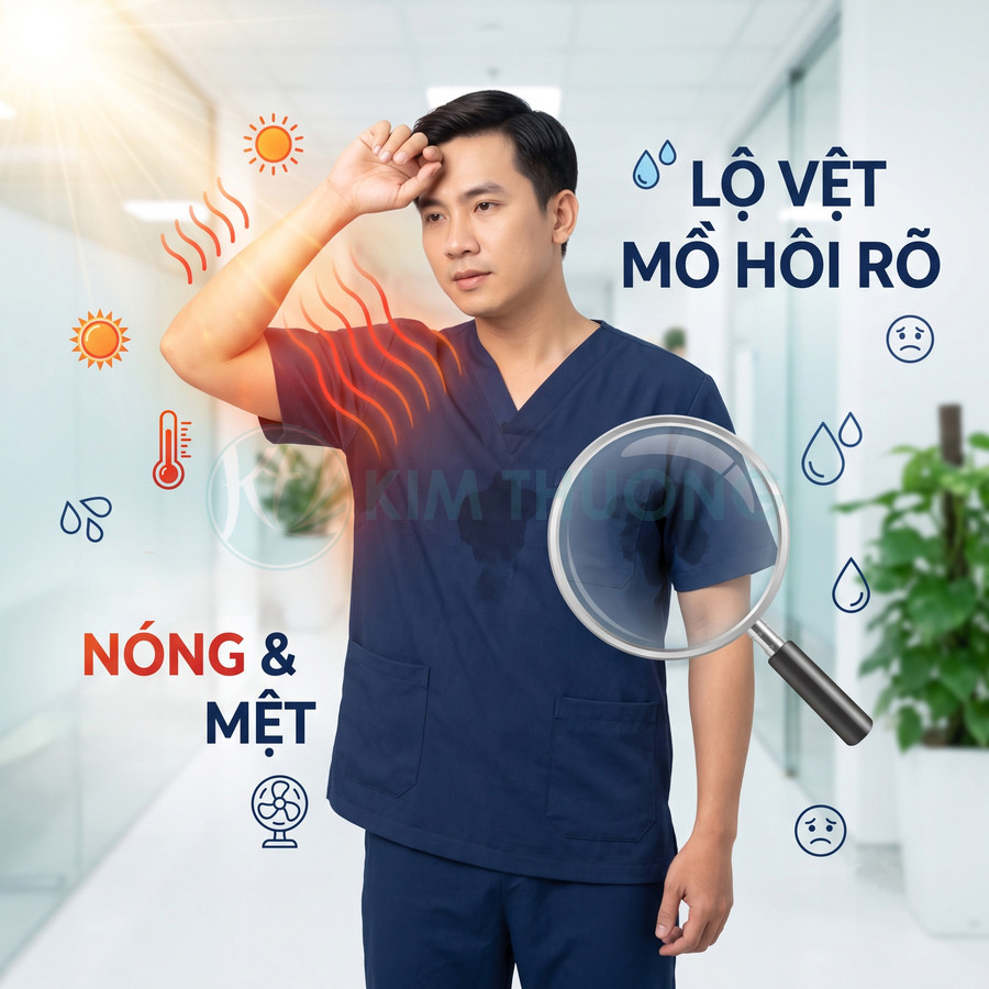 Đồng phục y tá nam màu xanh đậm thấm mồ hôi rõ ở nách và ngực trong môi trường nóng bức