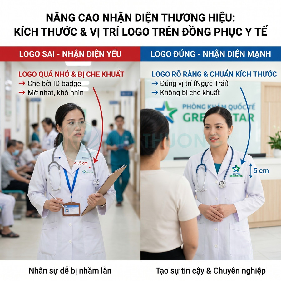 So sánh logo nhỏ và logo chuẩn kích thước trên áo blouse bác sĩ tại phòng khám Green Star