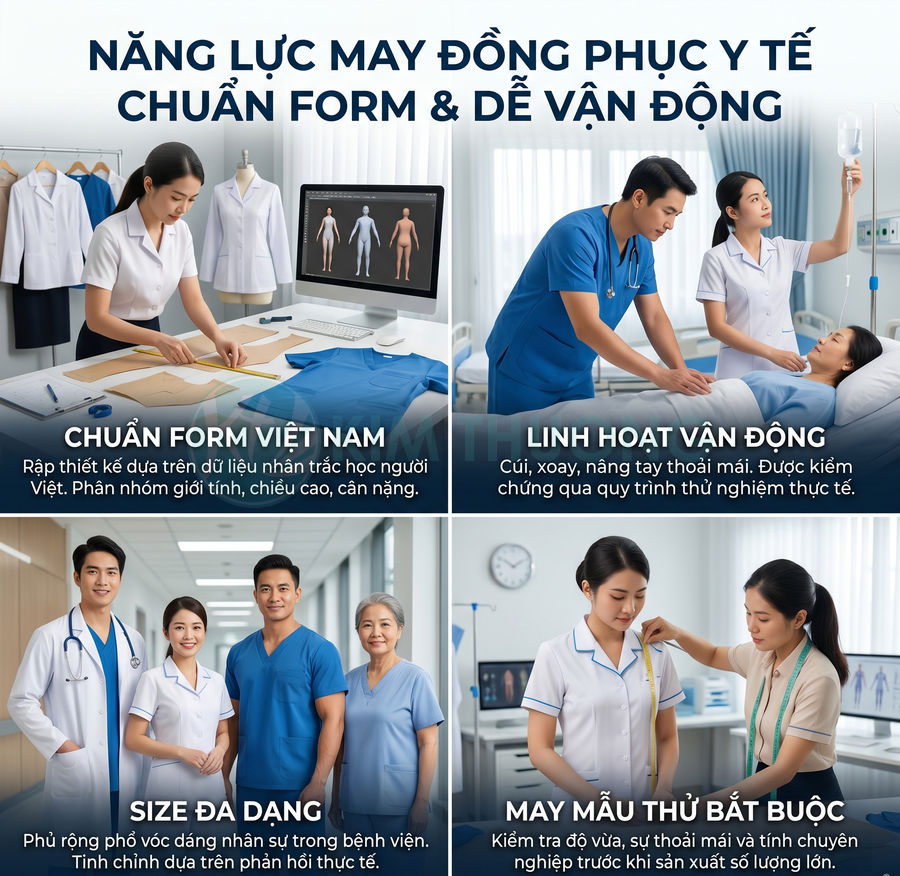 Đồng phục y tế chuẩn form cho bác sĩ và y tá, thiết kế linh hoạt, đa dạng size, may đo và thử mẫu chuyên nghiệp